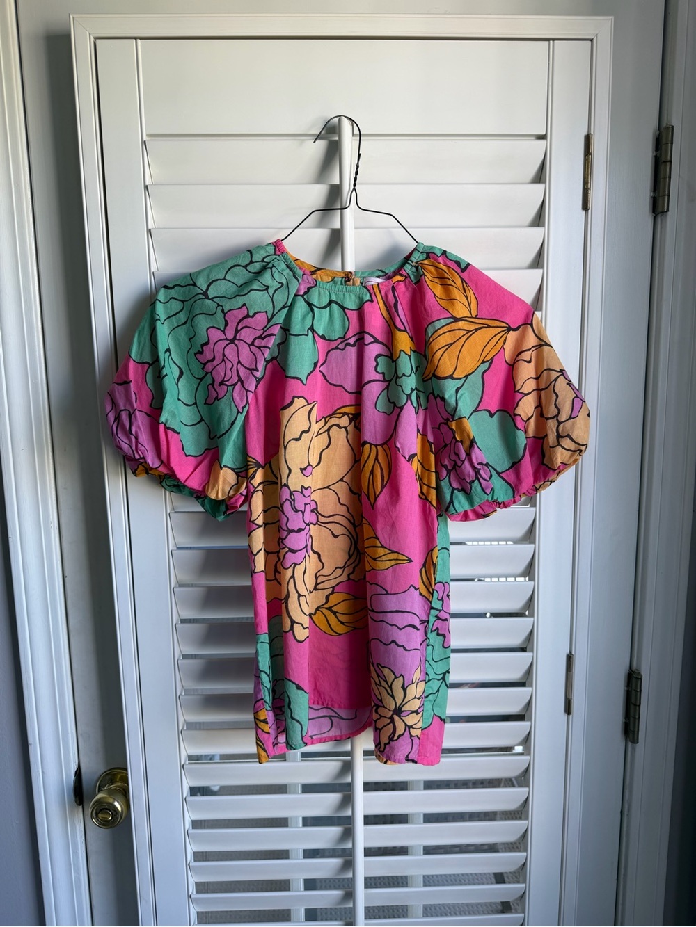 Banjanan XS Pink Oversized Floral Cotton Puff Sleeve Blouse